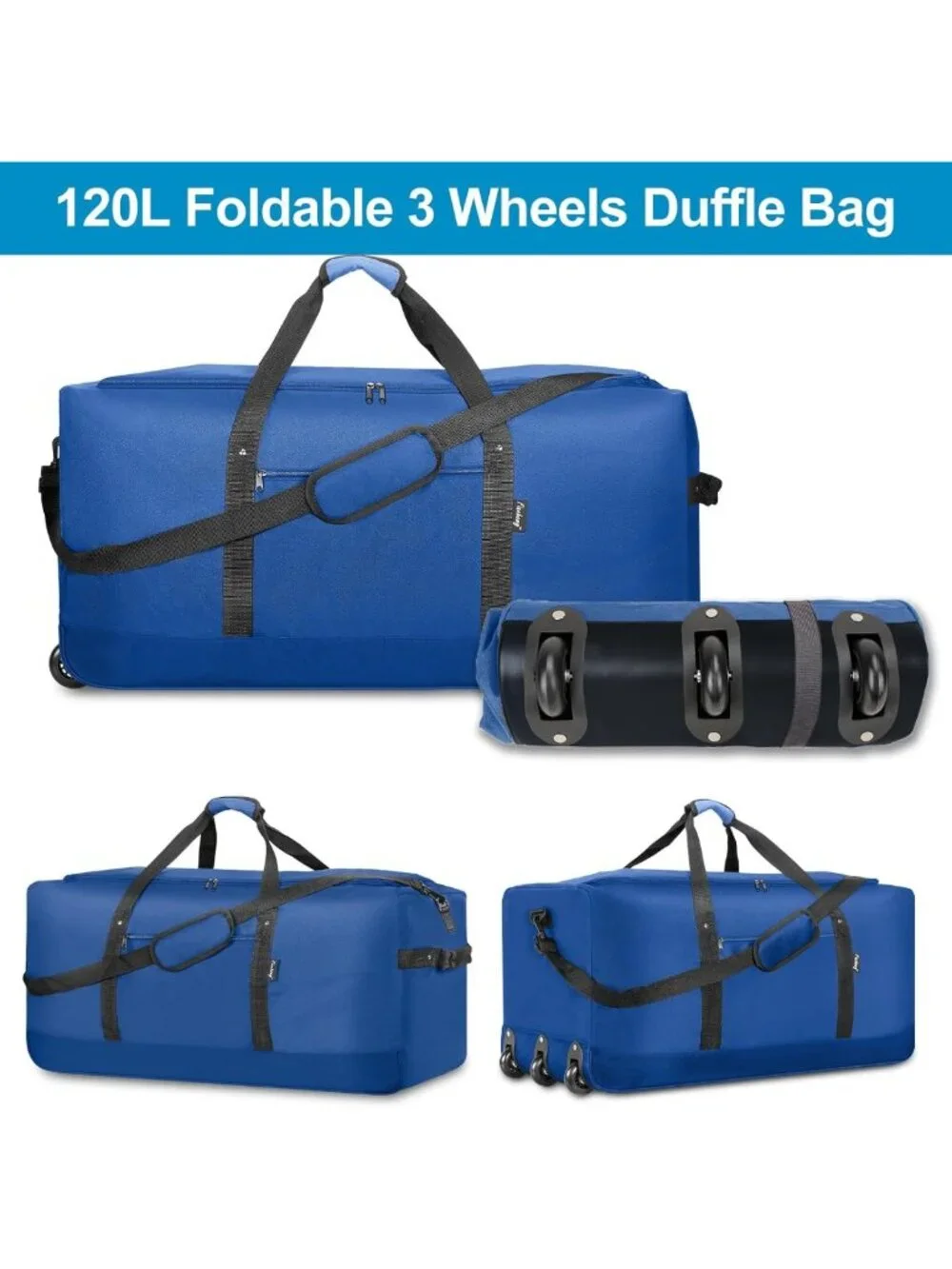 120L Lightweight Foldable Rolling Duffel Bag with 3 Wheels & Shoulder Strap